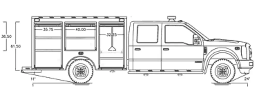 Exterior view of small fire truck showing cab, body compartments, and wheel/tire area.