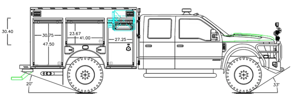 Exterior view of small fire truck showing cab, body compartments, and wheel/tire area.