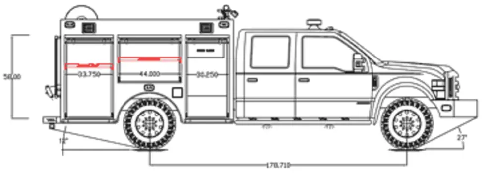 Exterior view of small fire truck showing cab, body compartments, and wheel/tire area.