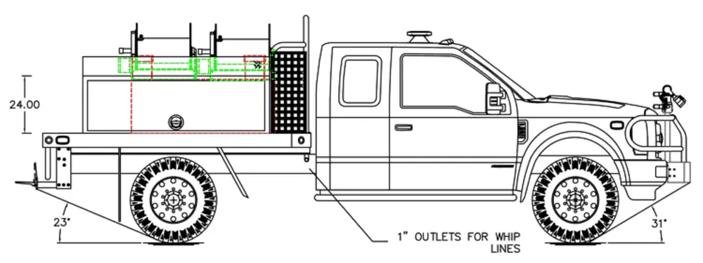 Exterior view of small fire truck showing cab, body compartments, and wheel/tire area.