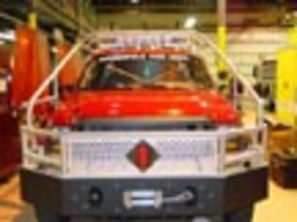 Exterior view of small fire truck showing cab, body compartments, and wheel/tire area.
