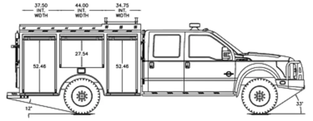 Exterior view of small fire truck showing cab, body compartments, and wheel/tire area.