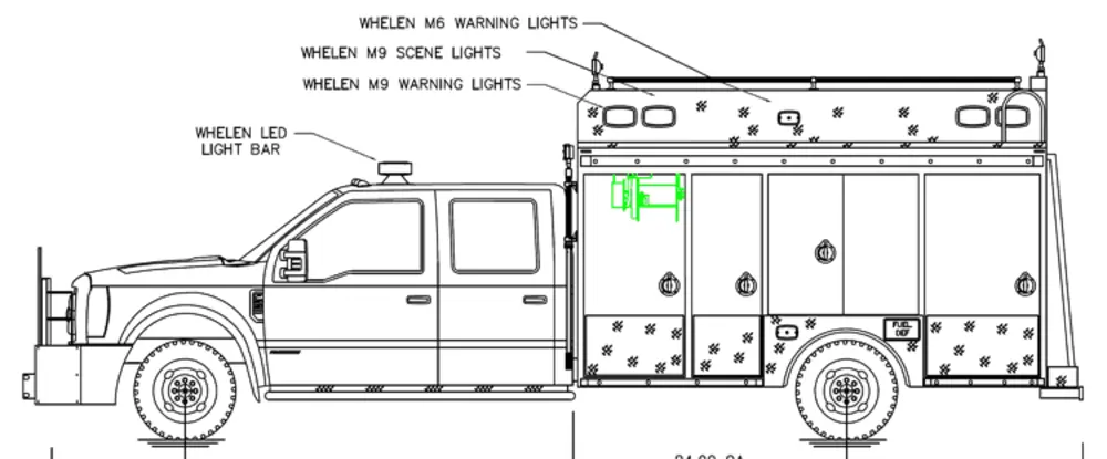 Exterior view of small fire truck showing cab, body compartments, and wheel/tire area.