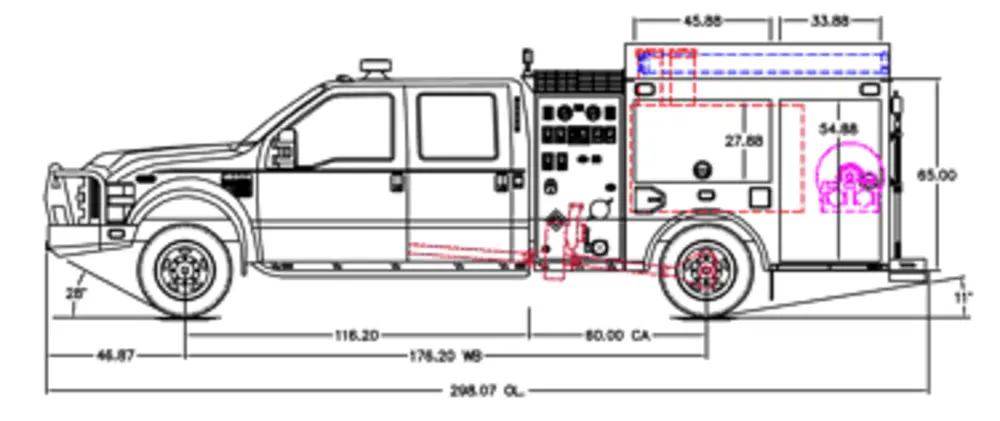 Exterior view of small fire truck showing cab, body compartments, and wheel/tire area.