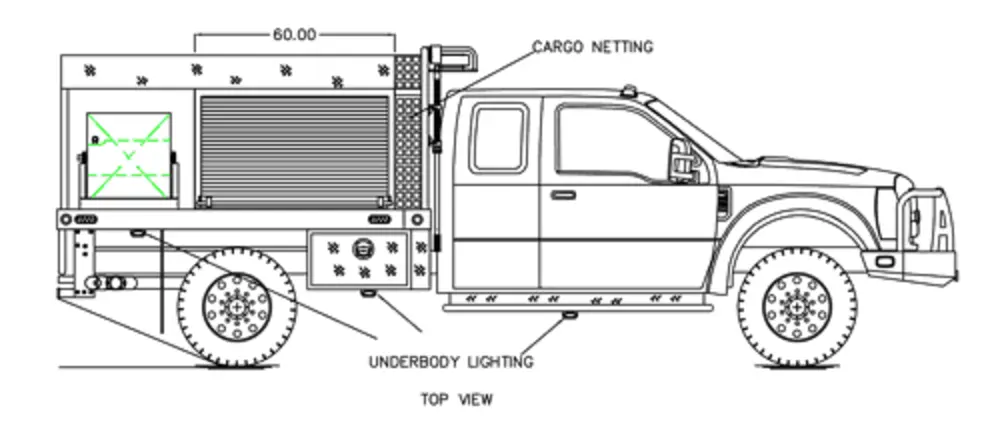 Exterior view of small fire truck showing cab, body compartments, and wheel/tire area.