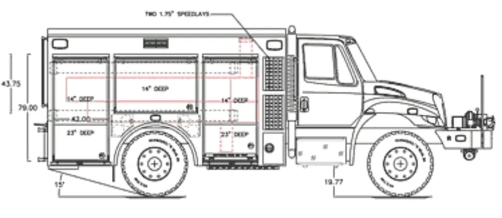 Exterior view of small fire truck showing cab, body compartments, and wheel/tire area.