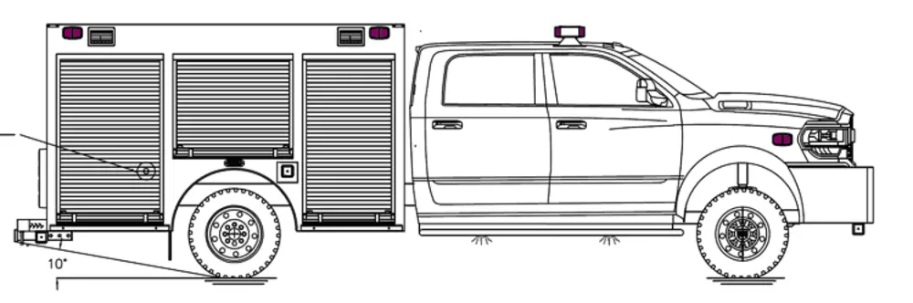 Exterior view of small fire truck showing cab, body compartments, and wheel/tire area.