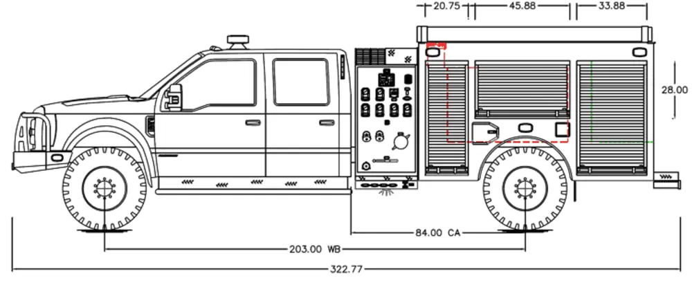 Exterior view of small fire truck showing cab, body compartments, and wheel/tire area.