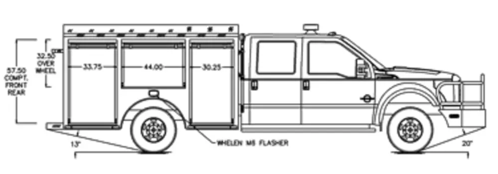 Exterior view of small fire truck showing cab, body compartments, and wheel/tire area.