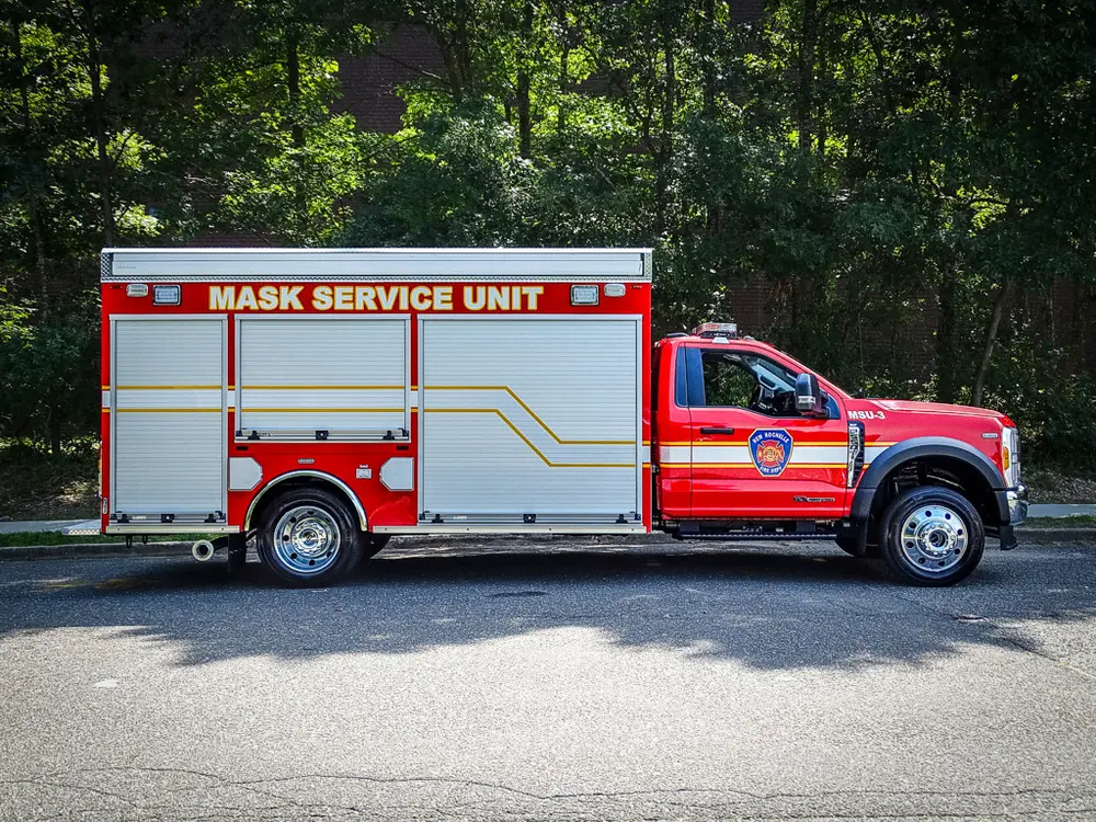 Full right-side profile of mask service unit with compartments closed.