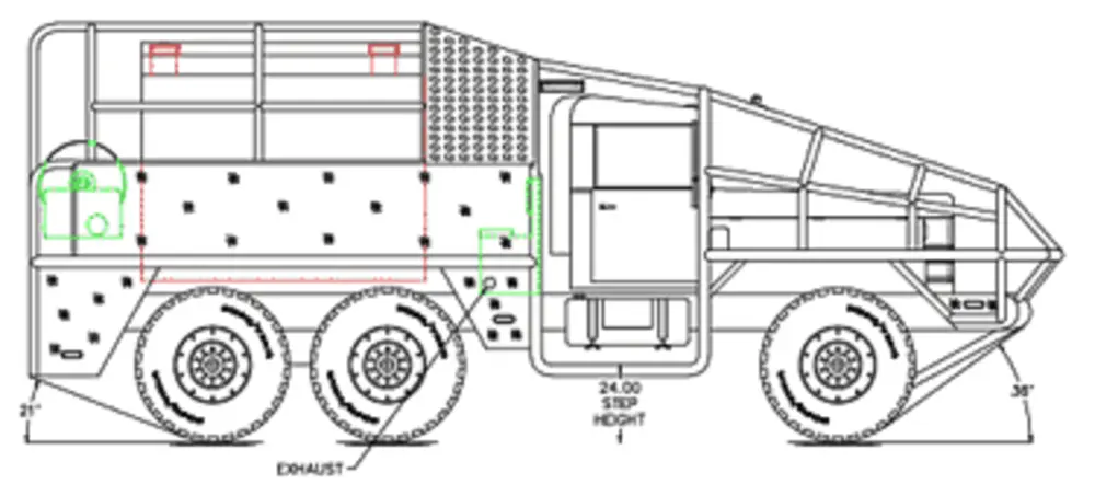 Exterior view of small fire truck showing cab, body compartments, and wheel/tire area.