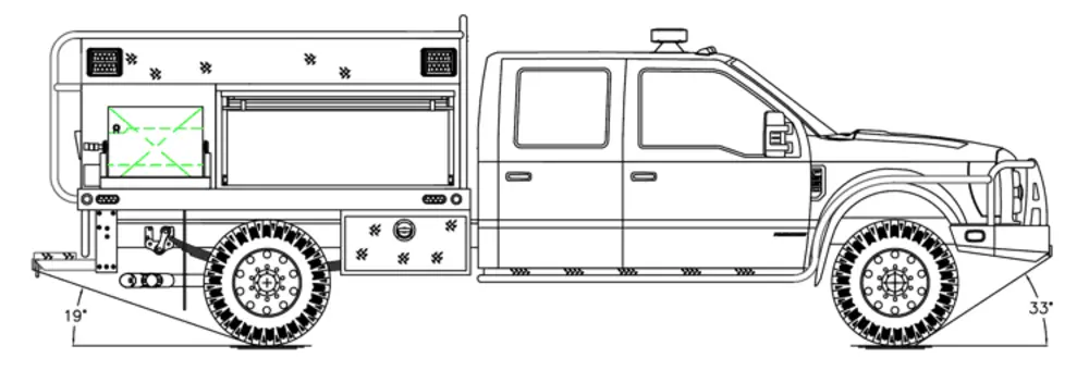 Exterior view of small fire truck showing cab, body compartments, and wheel/tire area.