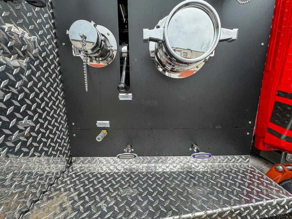 Rear-right exterior view of red brush truck, photo 54 of 179.