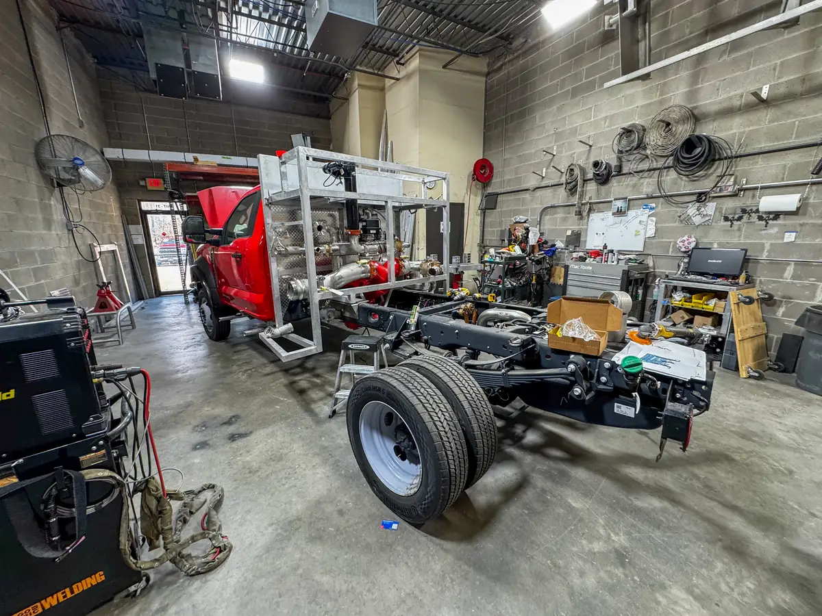 Brush truck body module in fabrication shop, photo 161 of 179.