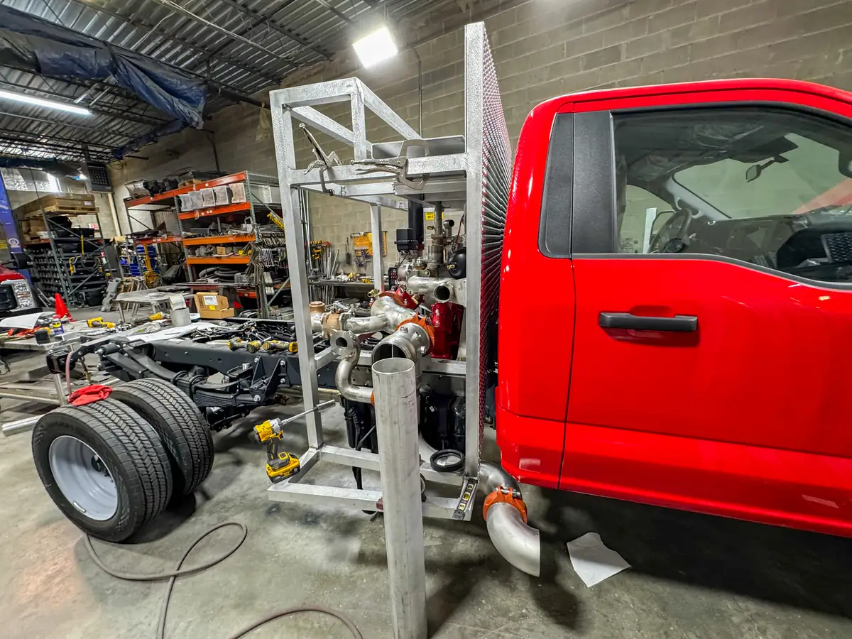 Brush truck body module in fabrication shop, photo 171 of 179.