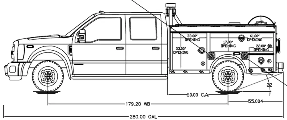 Exterior view of small fire truck showing cab, body compartments, and wheel/tire area.