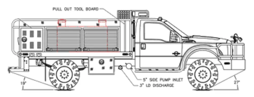 Exterior view of small fire truck showing cab, body compartments, and wheel/tire area.