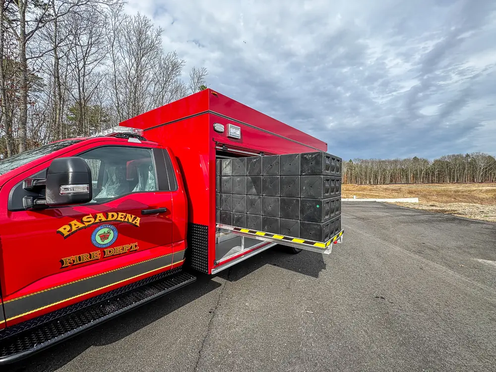 Cab-side angle of extended slide-out bottle rack.