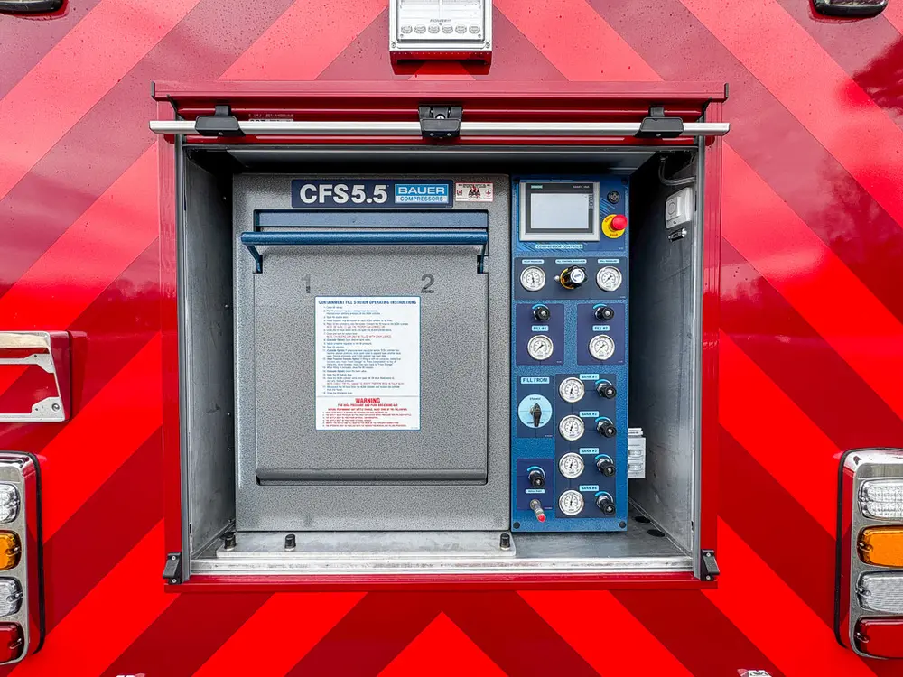 Rear compartment opened to reveal CFS5.5 Bauer fill station controls.