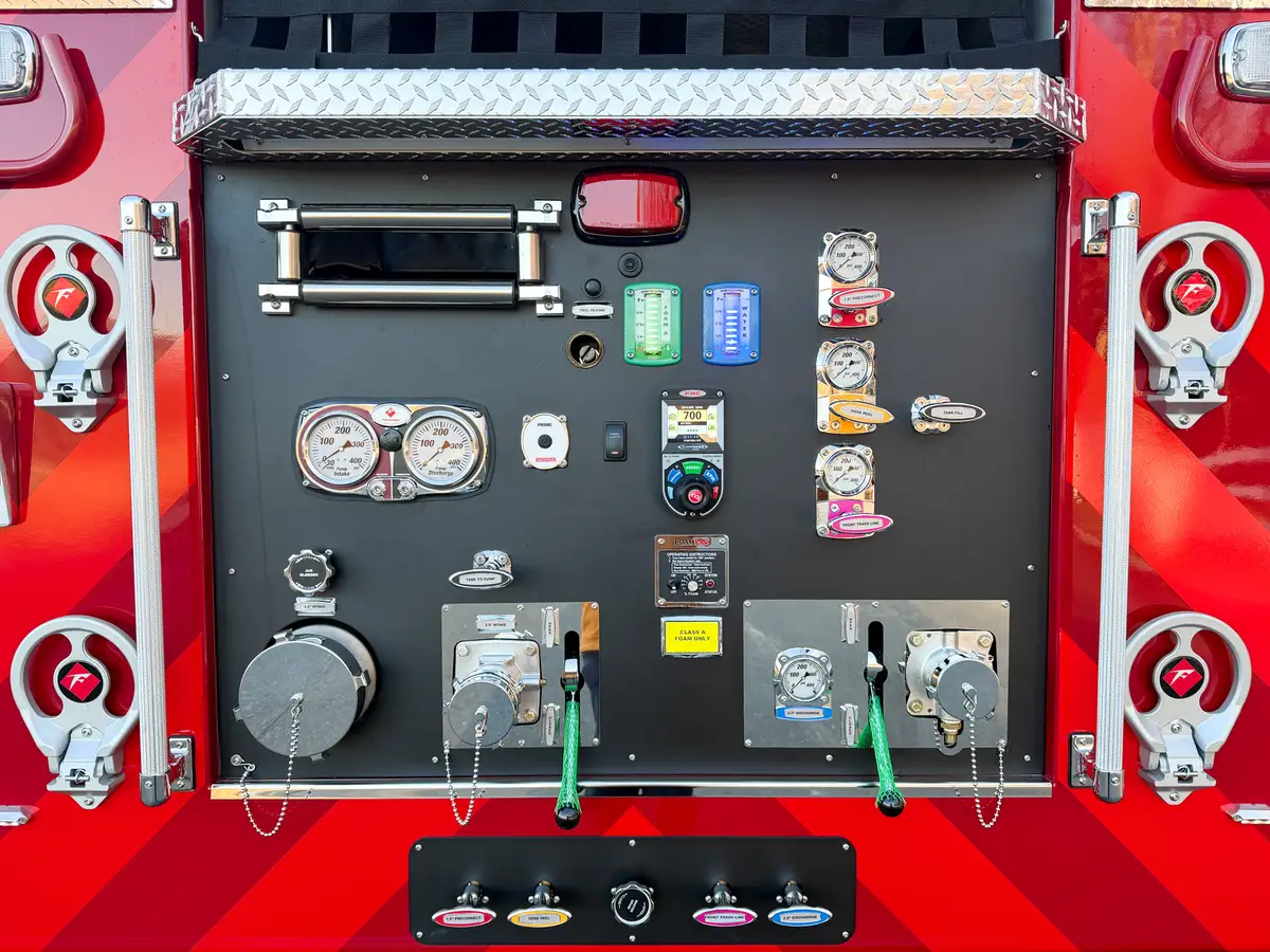 Closer rear pump panel view with gauges, switches, and control labels.