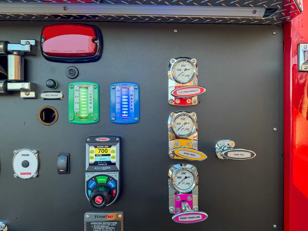 Upper right pump panel close-up with flow indicators and labeled valves.