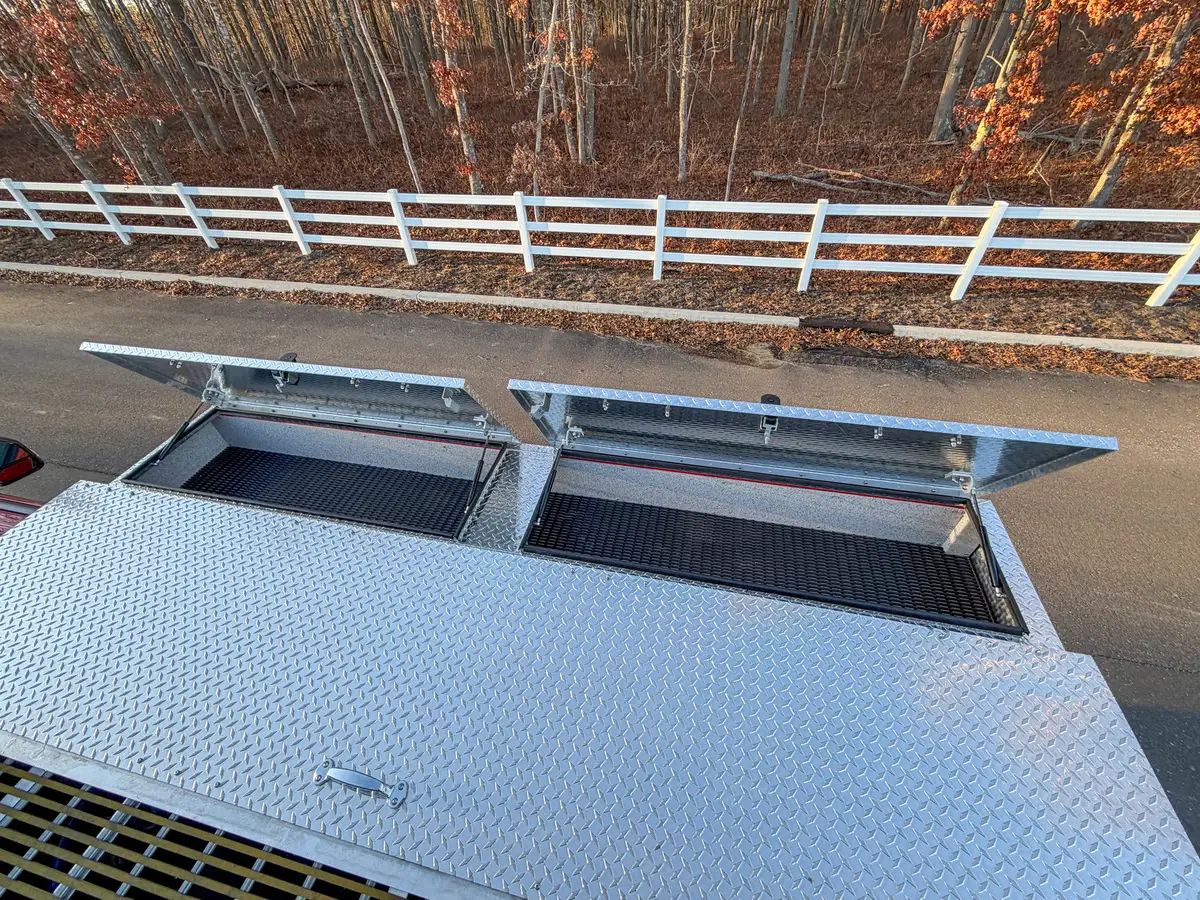 Top-deck view from opposite side with both upper hatches open.