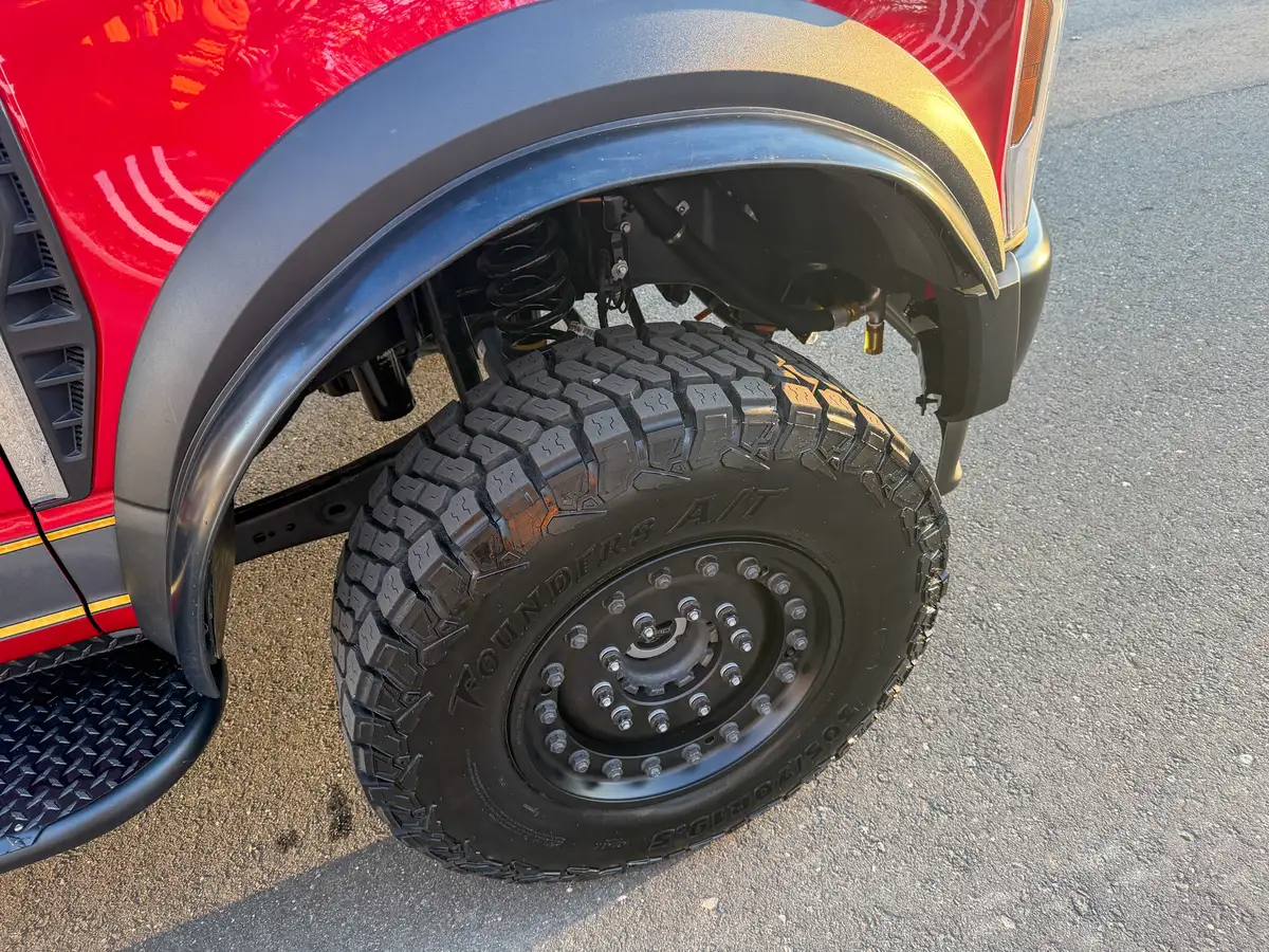 Close-up of front wheel and tire tread under the flared fender.