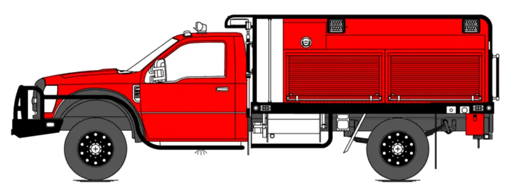 Exterior view of small fire truck showing cab, body compartments, and wheel/tire area.