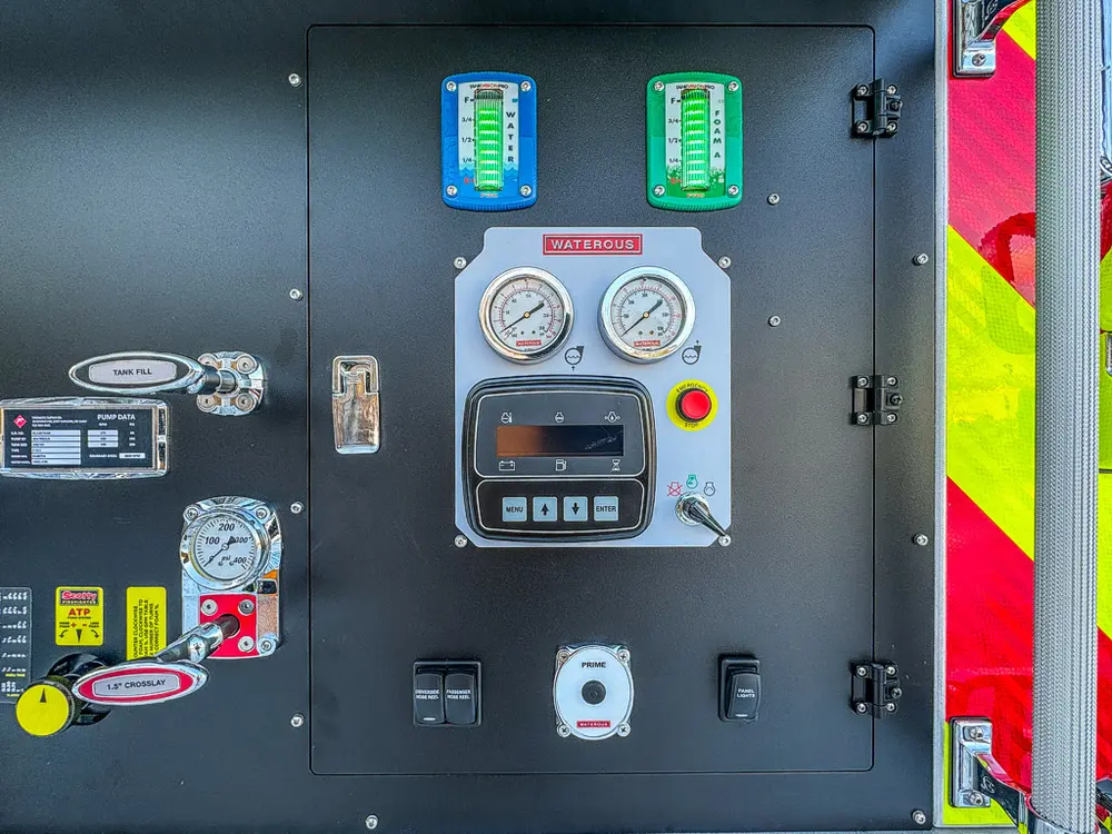 Close-up of the right side of the rear pump control panel with gauges and switches.