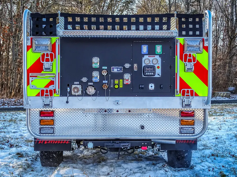 Straight rear view of the pump panel with chevron striping on both corners.