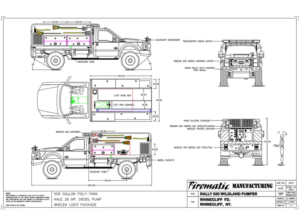 Exterior view of small fire truck showing cab, body compartments, and wheel/tire area.