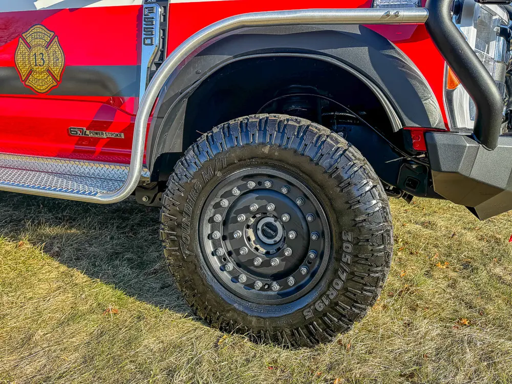 Close-up of front wheel, tire tread, and lower fender area.