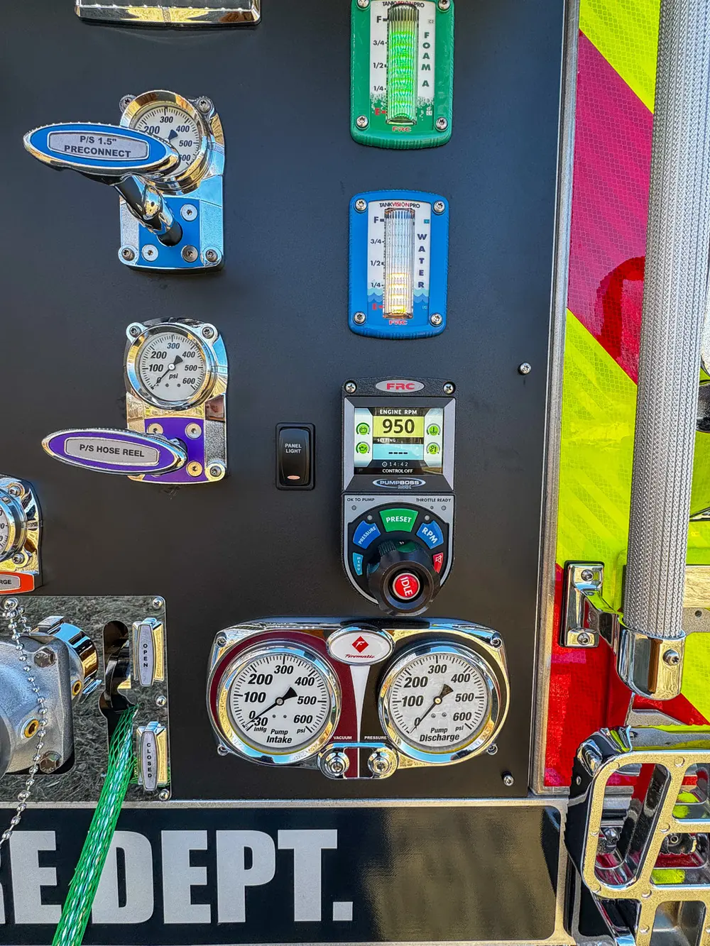 Pump panel close-up showing pressure gauge and rotary selector control.