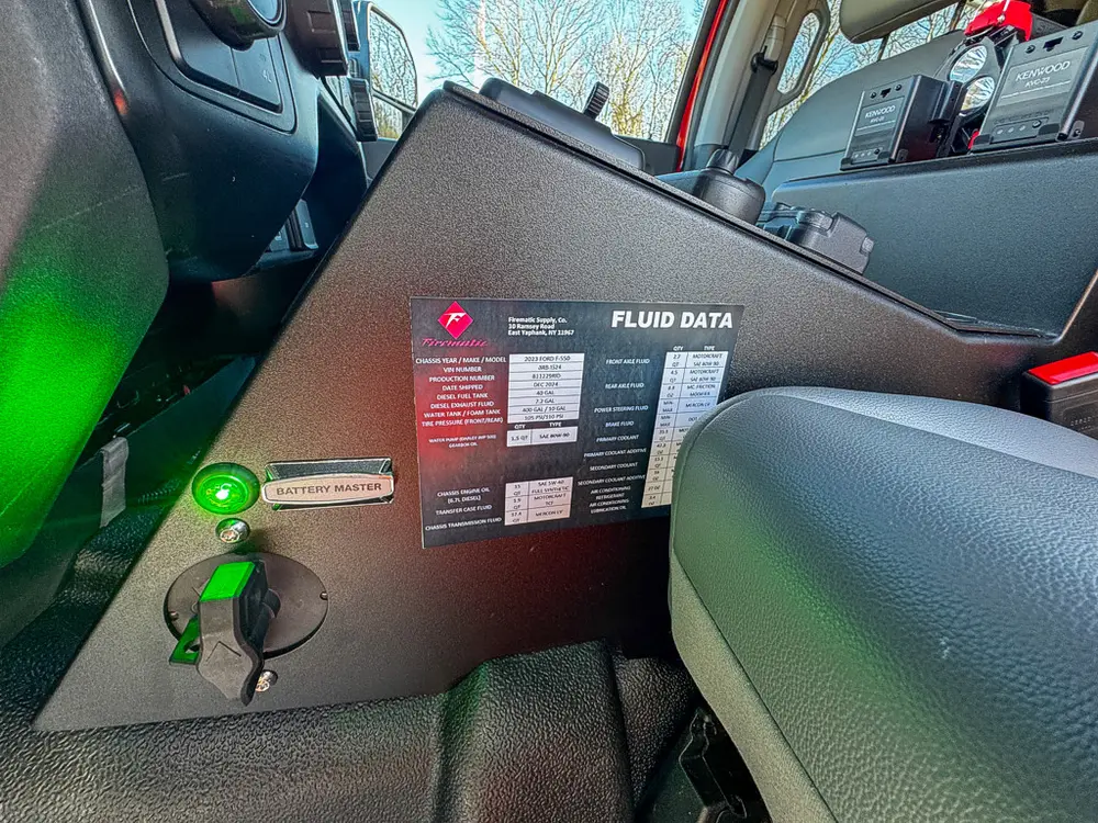 Cab interior side panel close-up with fluid data label and indicator.
