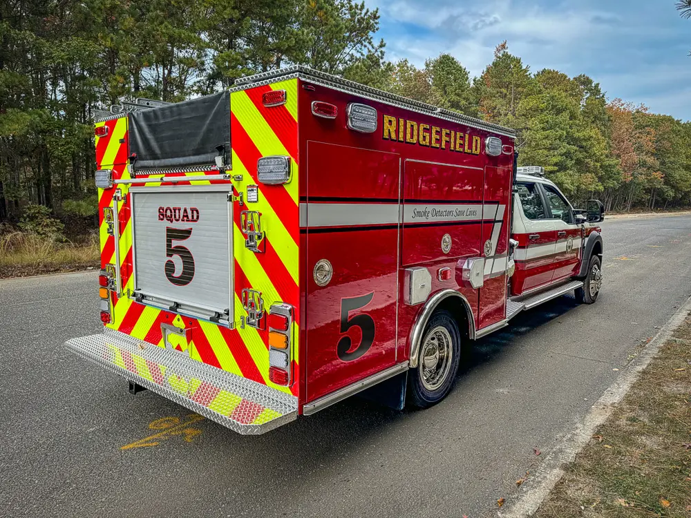 Rear-right three-quarter view of the rescue body and cab.