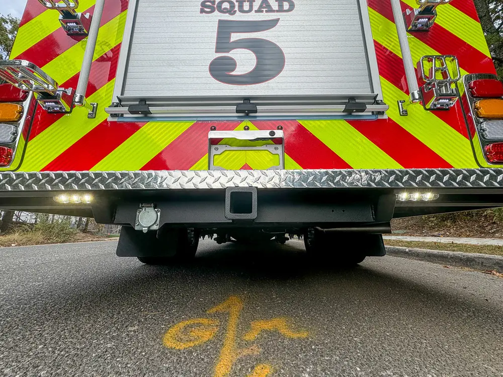 Straight rear view with chevrons and Squad 5 door.