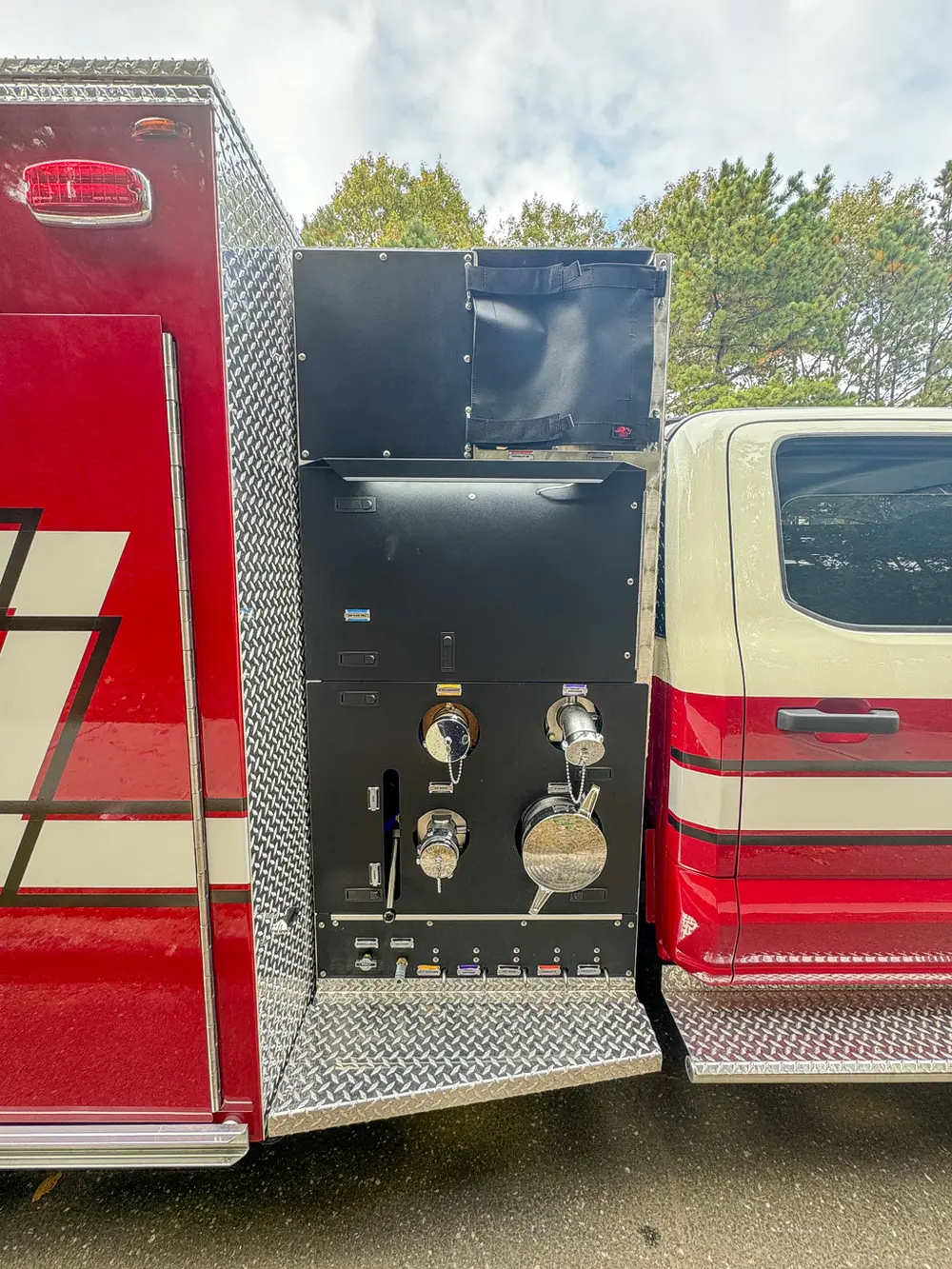 Pump-side panel section with two capped outlets and control levers.