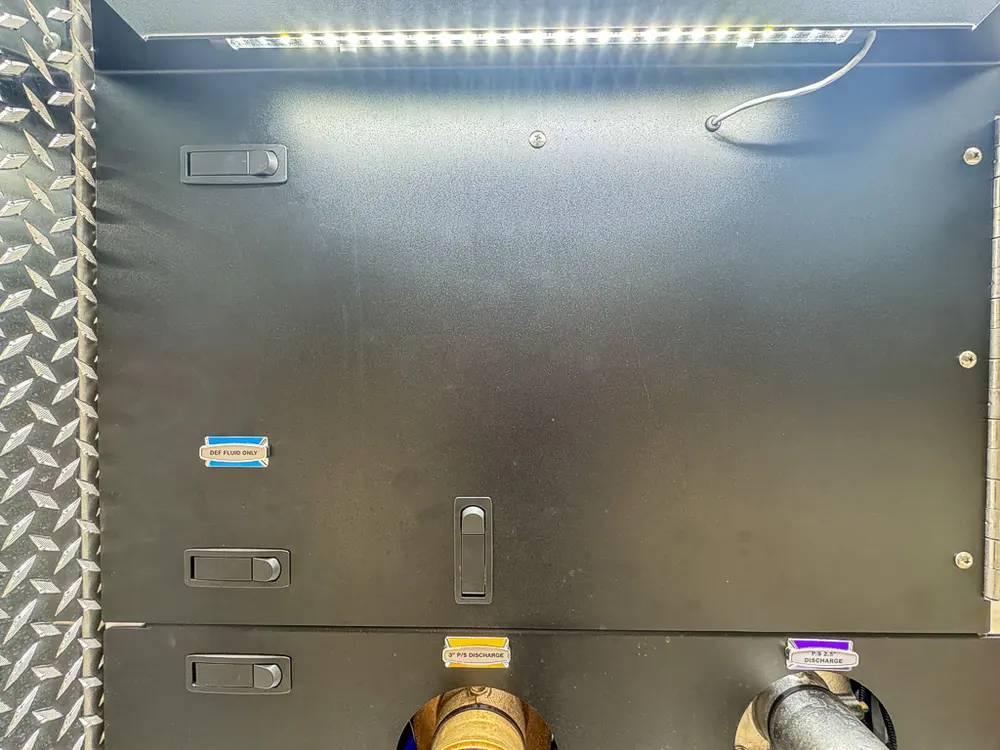 Pump panel close-up with blank control area and mounting points.