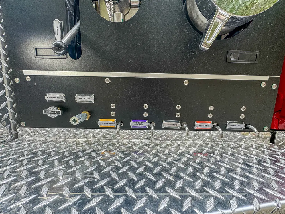 Lower pump control strip with labeled switches and connectors.