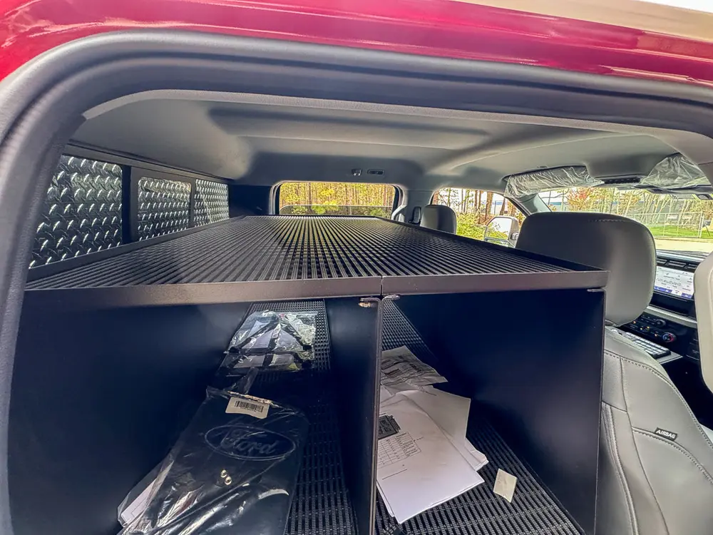 Rear shelf unit and lower storage area viewed through open door.