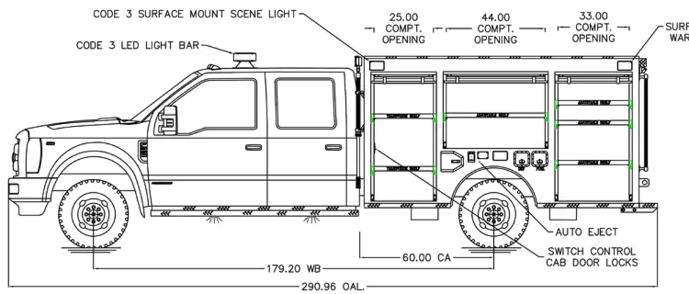 Exterior view of small fire truck showing cab, body compartments, and wheel/tire area.
