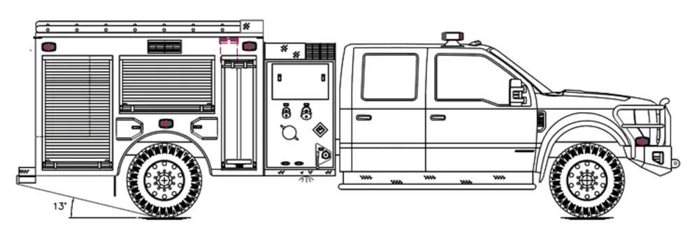 Exterior view of small fire truck showing cab, body compartments, and wheel/tire area.