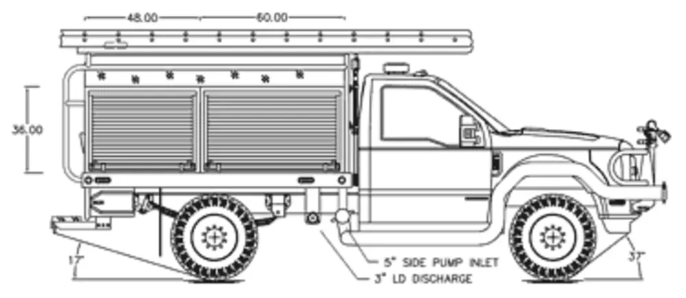 Exterior view of small fire truck showing cab, body compartments, and wheel/tire area.