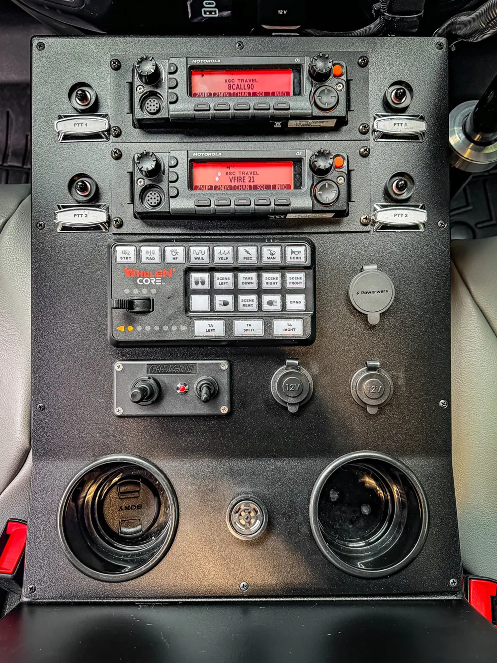 Center console close-up with keypad panel and radio controls.