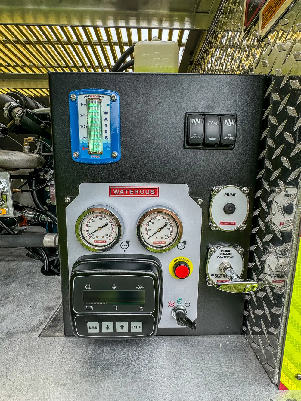 Pump control panel close-up with gauges, switches, and indicators.