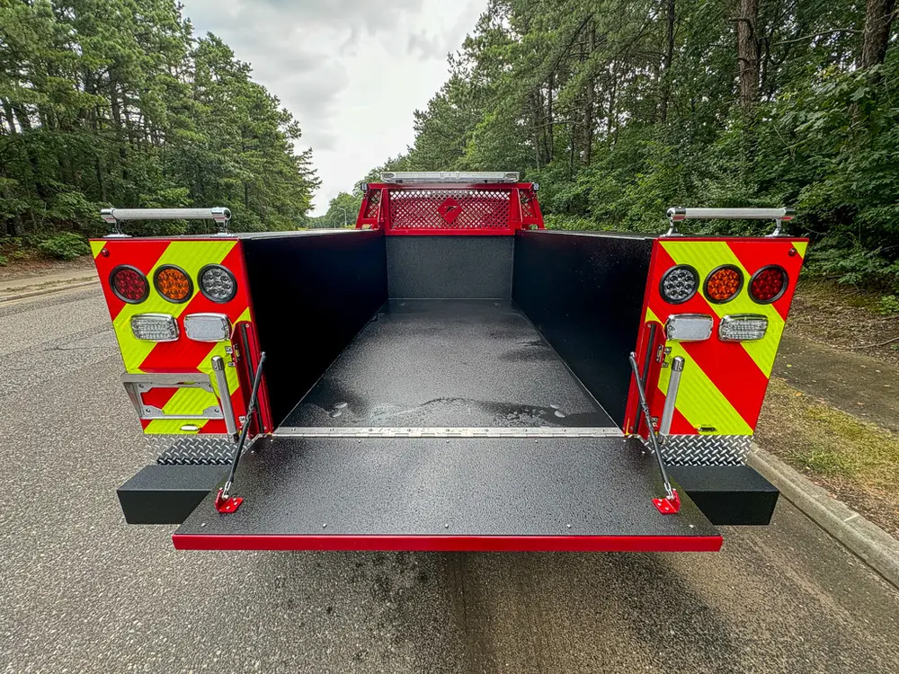 Rear bed view with both sidewalls up and tailgate down.