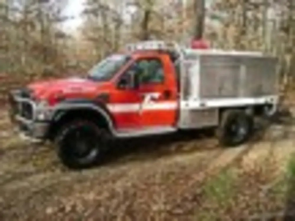 Exterior view of small fire truck showing cab, body compartments, and wheel/tire area.