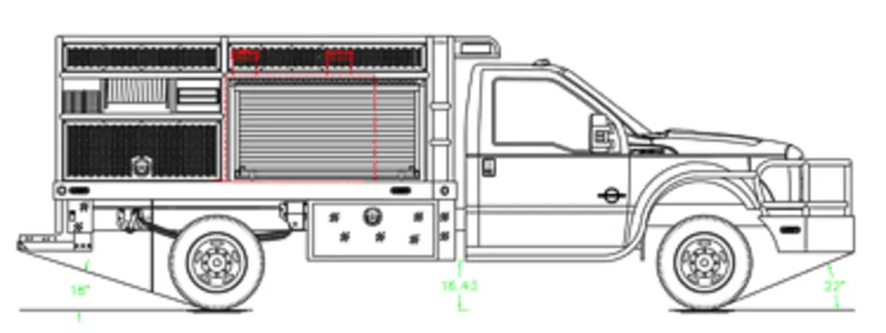 Exterior view of small fire truck showing cab, body compartments, and wheel/tire area.