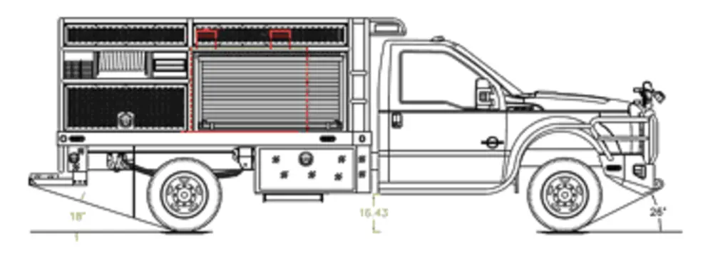 Exterior view of small fire truck showing cab, body compartments, and wheel/tire area.