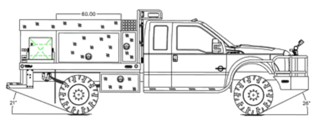 Exterior view of small fire truck showing cab, body compartments, and wheel/tire area.